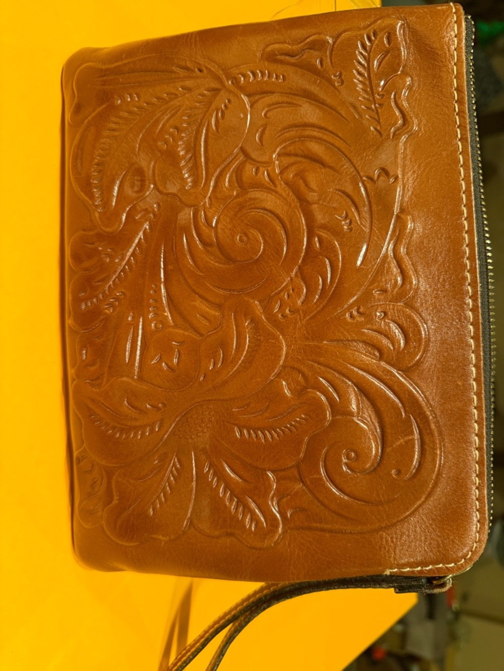Patricia Nash Embossed Floral Leather Wristlet - Cognac Brown